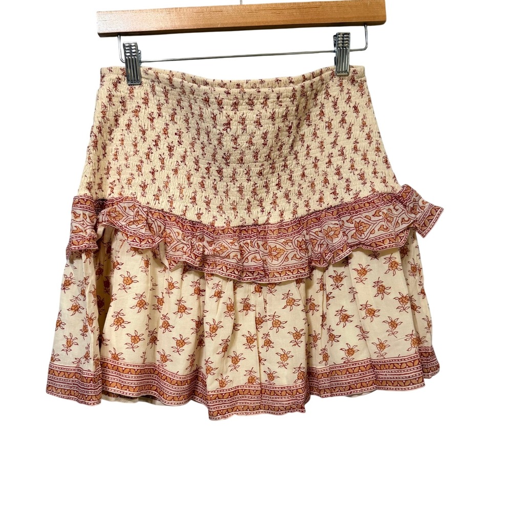 Saylor Womens Smocked Mini Skirt Floral Block Print Ruffle Tiered Cream Size M